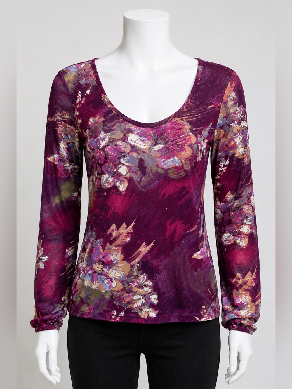 Karen Kane Sheer Floral Top L Purple Plum Scoop Neck Blouson Sleeve